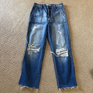 Böhme Women’s  Denim Jeans Ripped Knee Straight Raw Hem Utility Pockets Sz 27
